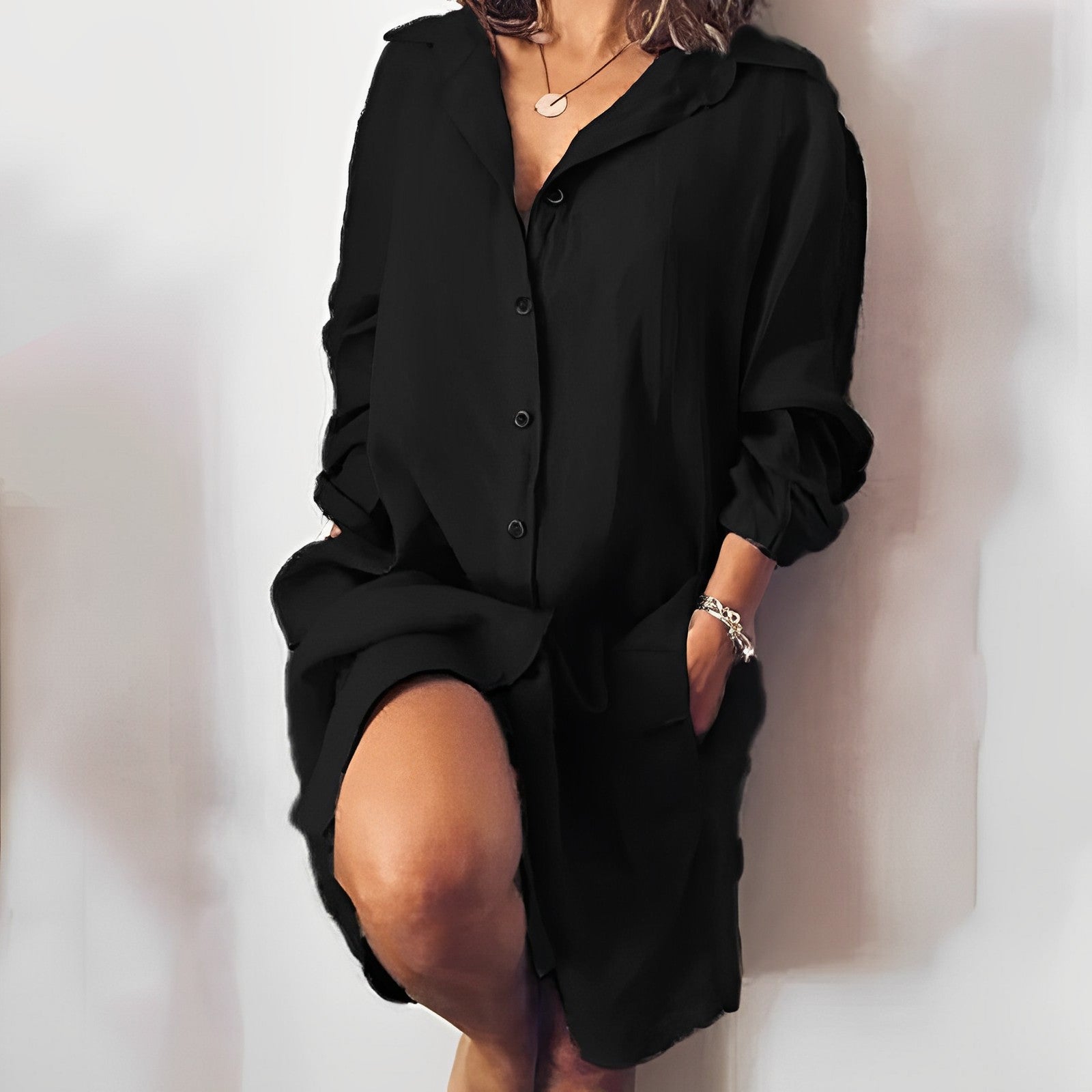 Minikleid Damen mit Hemdkragen und Leinenmix in Oversized-Schnitt – Romane