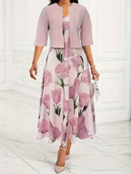 Zweiteiler Damen mit Blumenprint-Midikleid und passendem Kurzjacke – Florentine