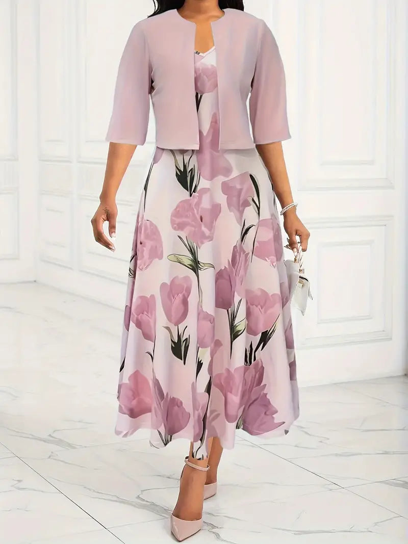 Zweiteiler Damen mit Blumenprint-Midikleid und passendem Kurzjacke – Florentine