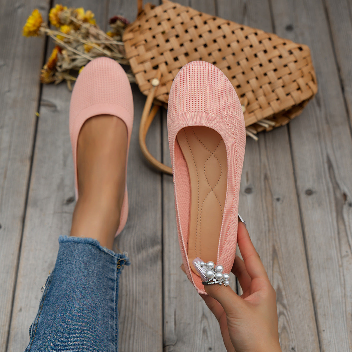 Ballerinas Damen mit Ripp-Strick-Obermaterial und schlichter Zehenpartie – Léonie