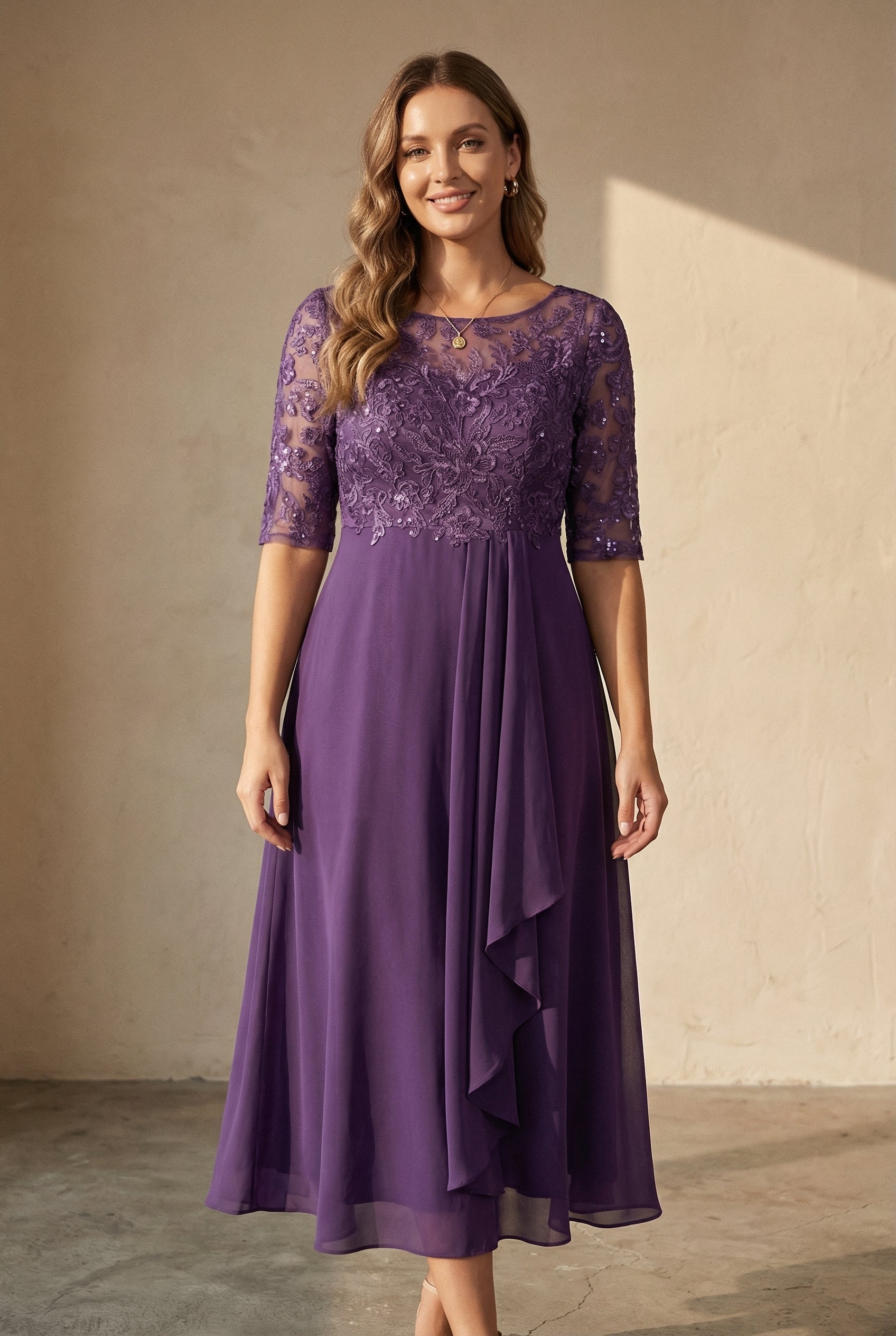 Eleonora Chiffon-Midikleid mit Spitzenoberteil