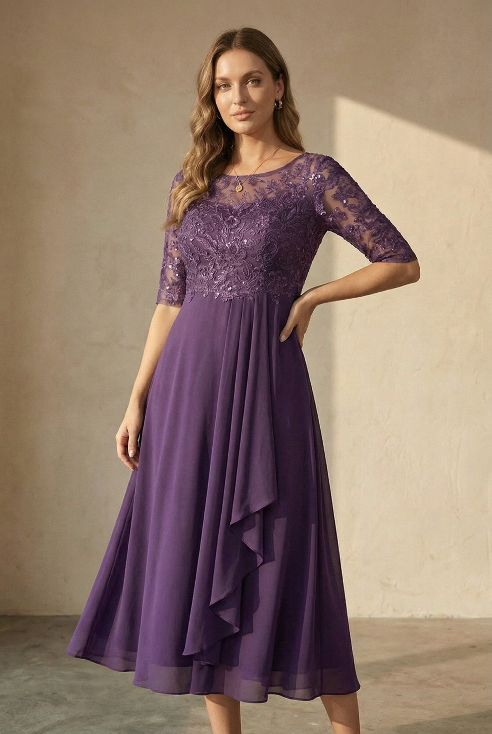 Eleonora Chiffon-Midikleid mit Spitzenoberteil
