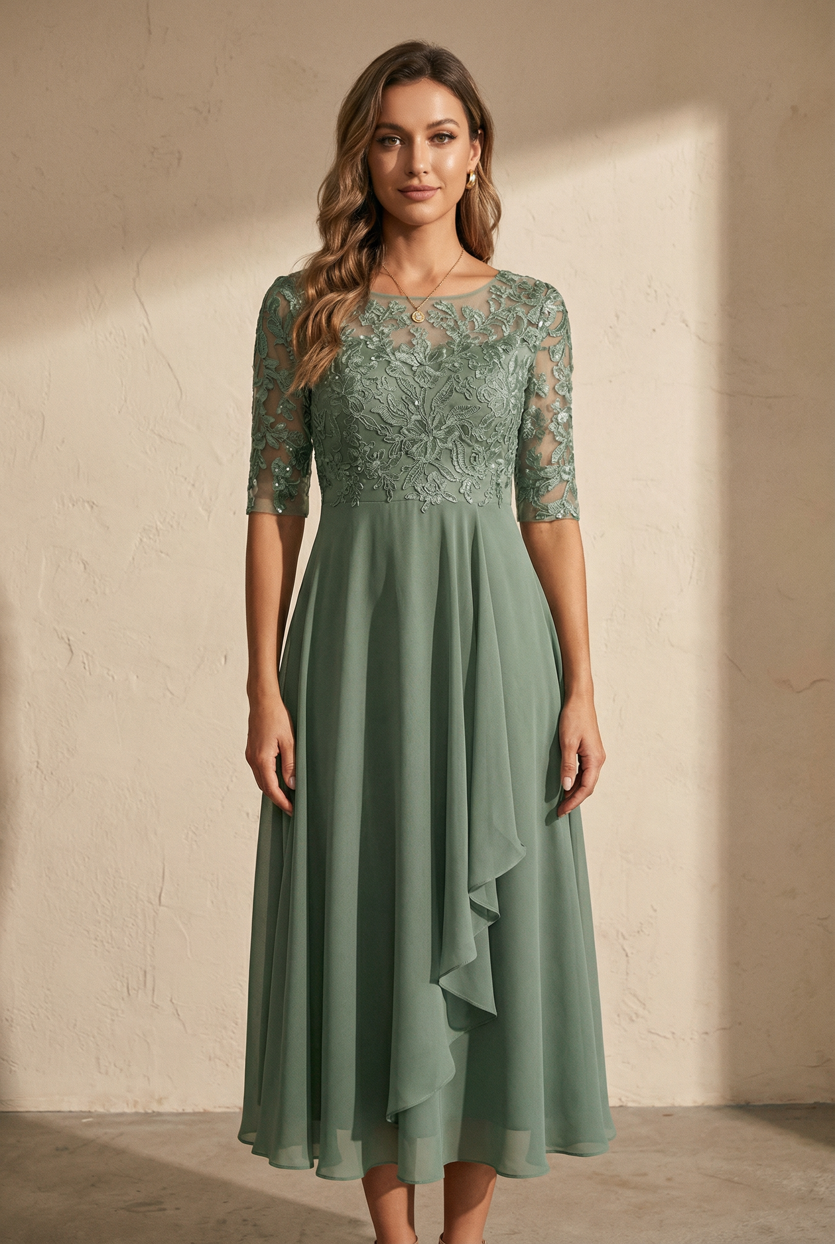 Eleonora Chiffon-Midikleid mit Spitzenoberteil