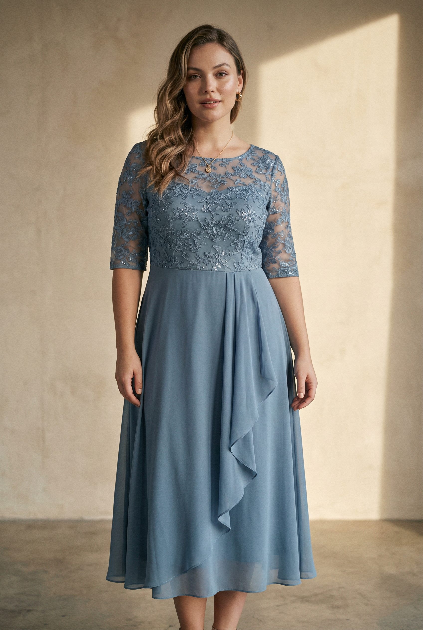 Eleonora Chiffon-Midikleid mit Spitzenoberteil