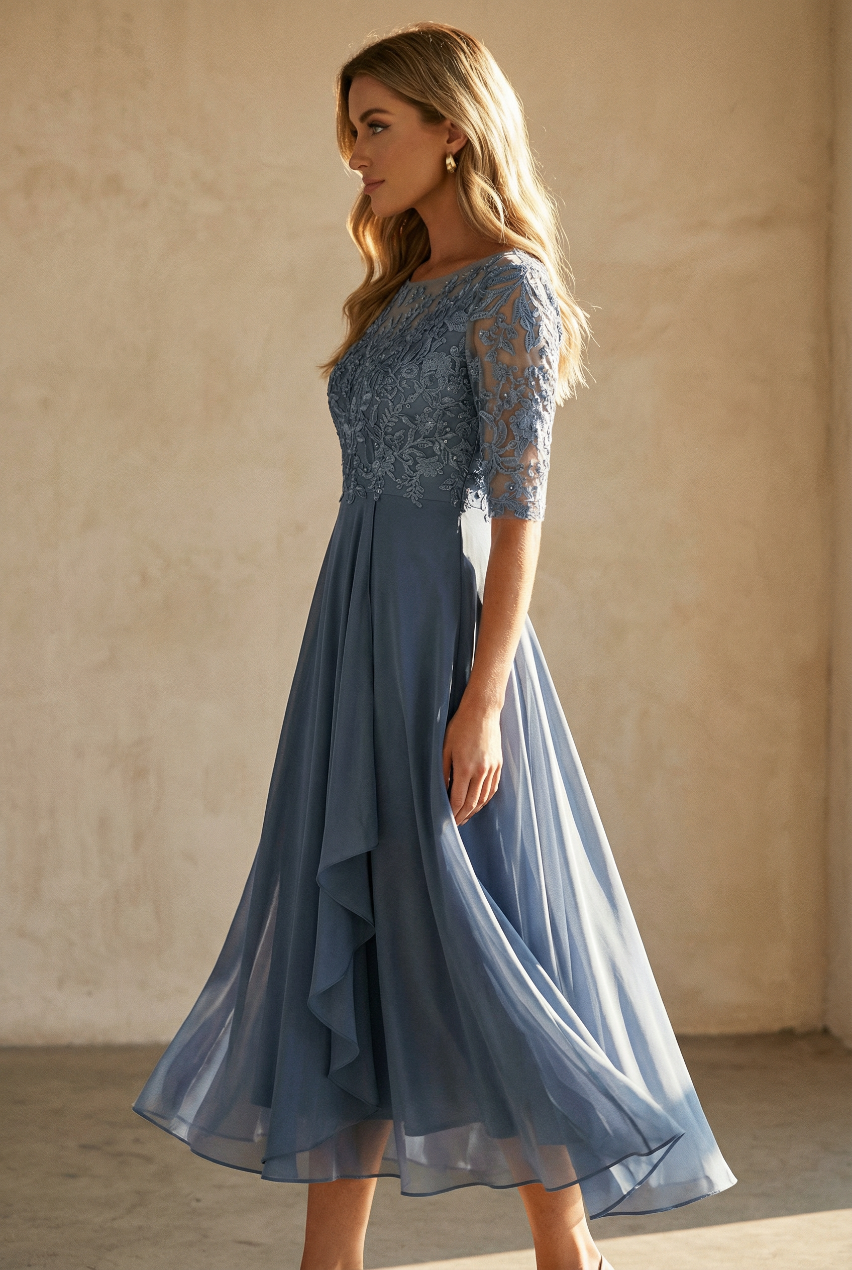 Eleonora Chiffon-Midikleid mit Spitzenoberteil
