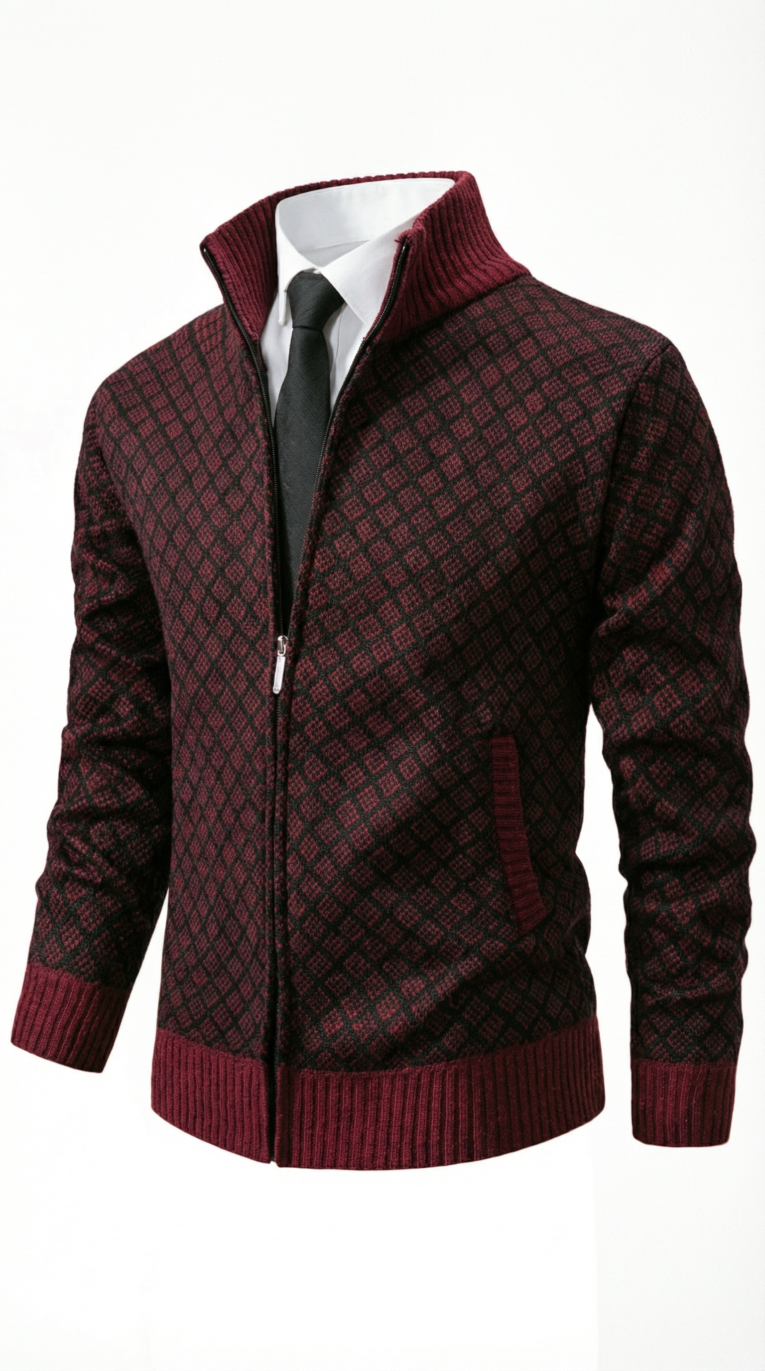 Damiano – Herren-Strickjacke mit Rautenmuster und Stehkragen