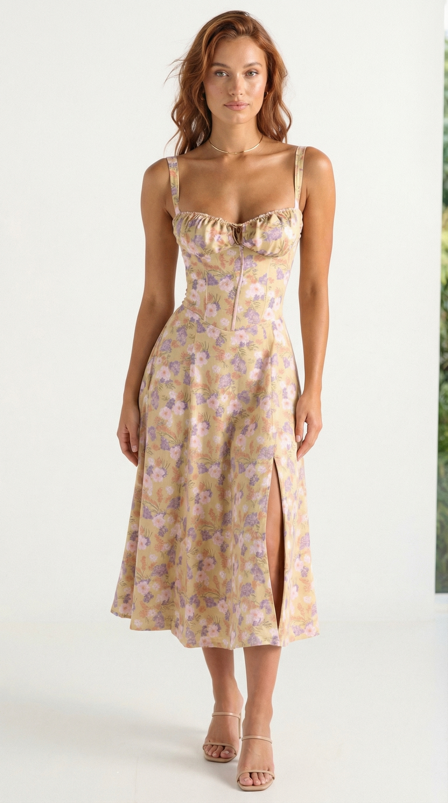 Valentina – Corsage-Midikleid mit Blumenprint und Schlitz