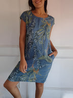 Midikleid Damen mit tropischem Blätterprint und Leinenmix in Relaxed Fit – Azaléa