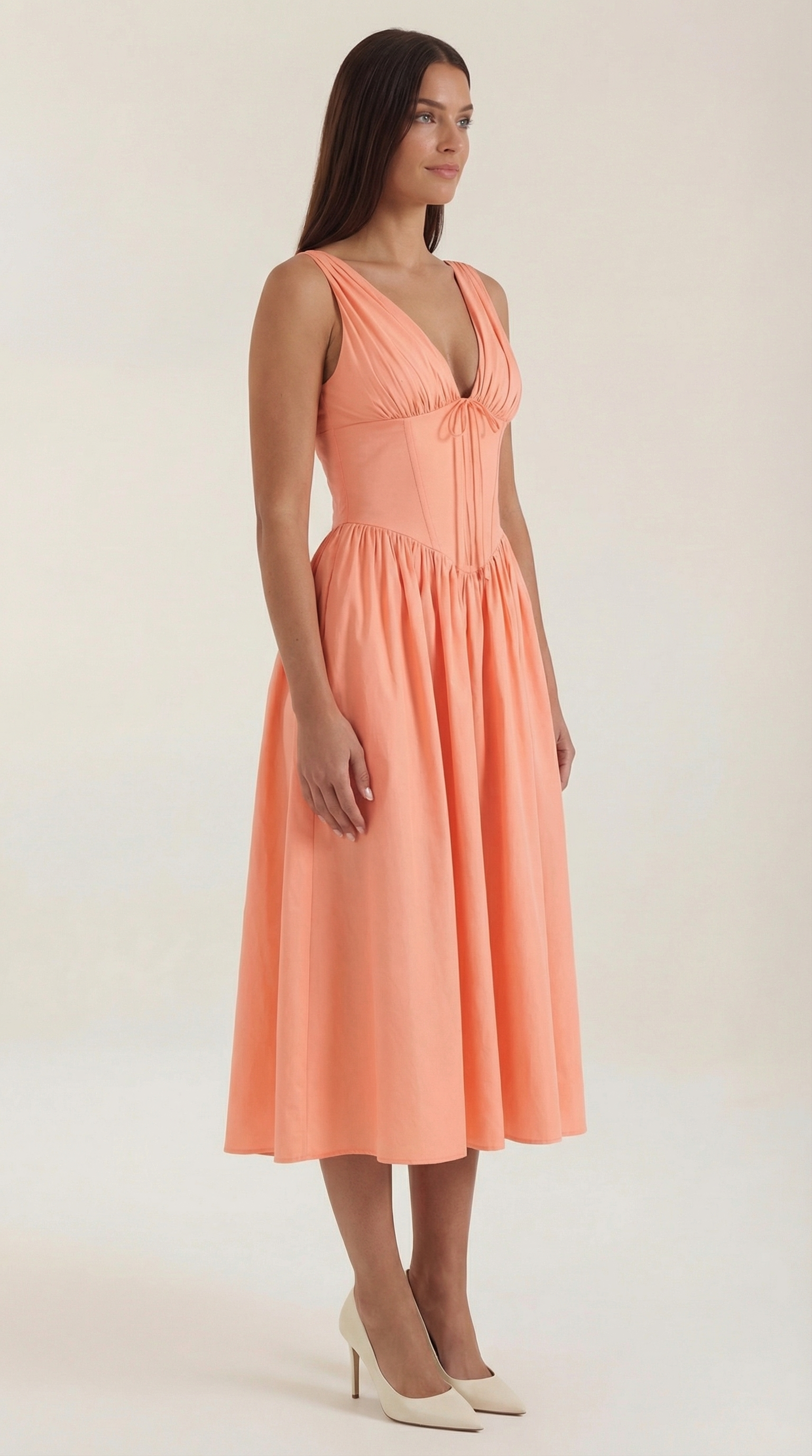 Midikleid Damen mit Korsett-Oberteil und tiefem V-Ausschnitt – Séraphine