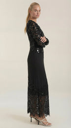 Maxikleid Damen mit Pailletten-Besatz und Spitzenrock – Blandine