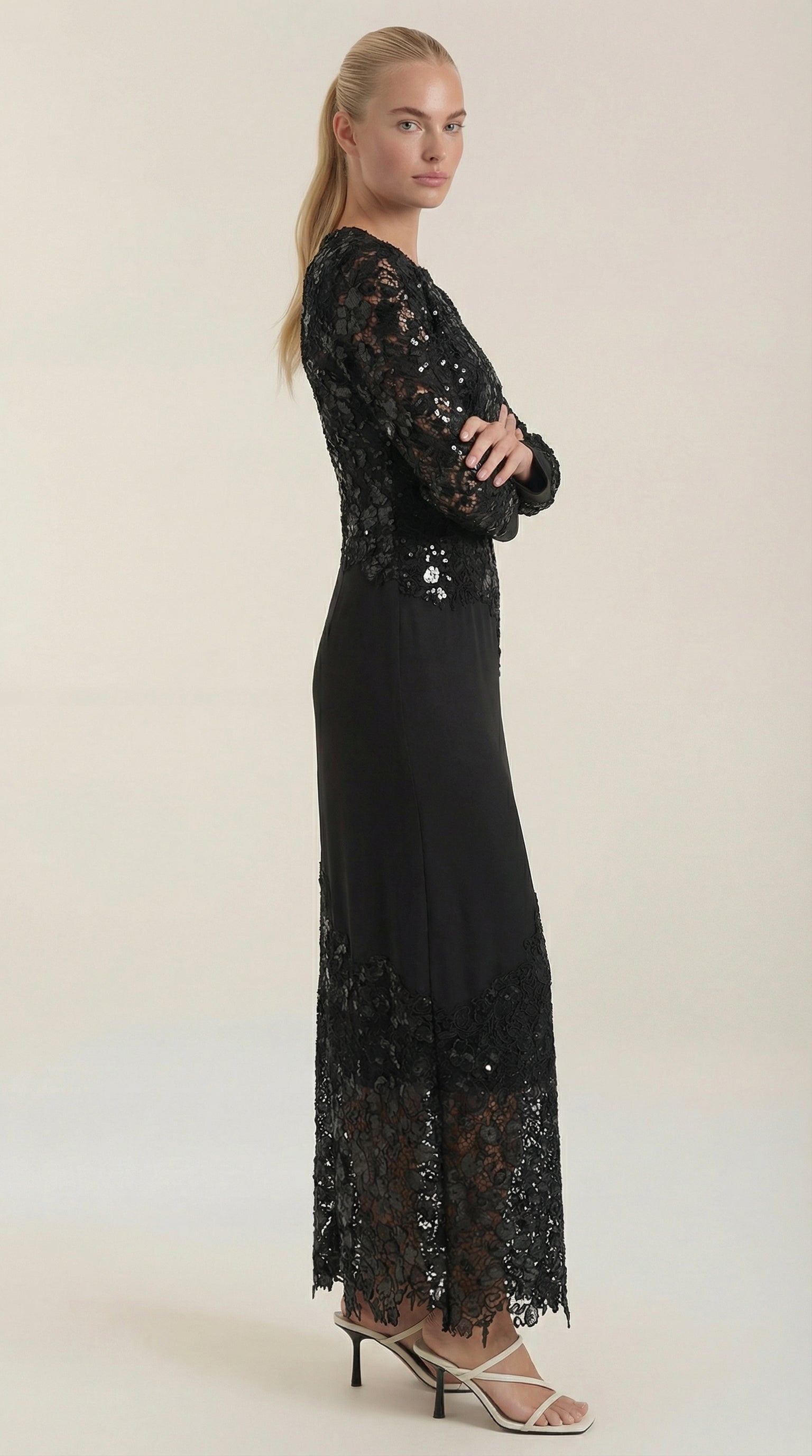 Maxikleid Damen mit Pailletten-Besatz und Spitzenrock – Blandine