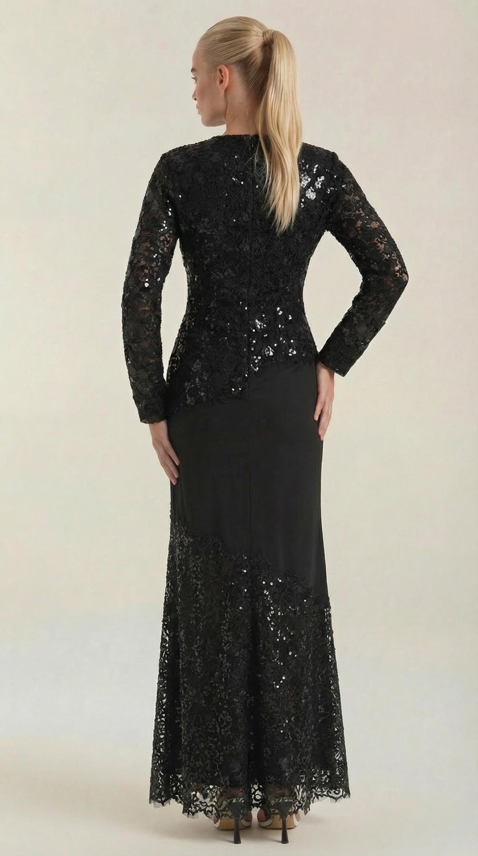 Maxikleid Damen mit Pailletten-Besatz und Spitzenrock – Blandine