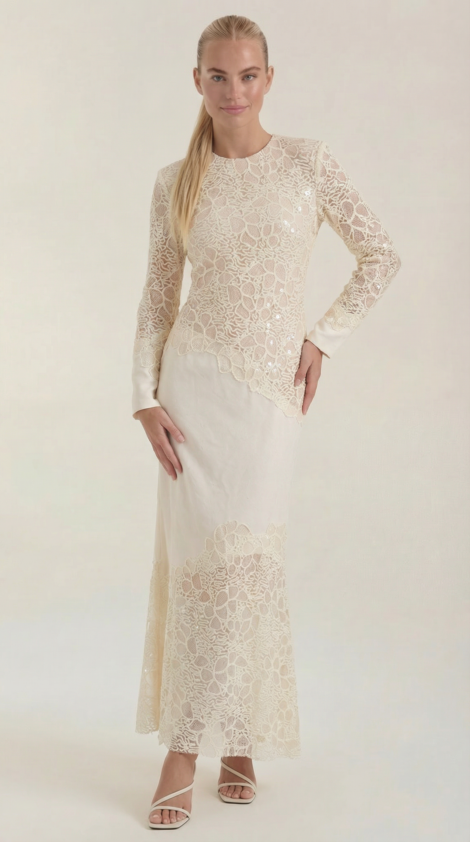 Maxikleid Damen mit Pailletten-Besatz und Spitzenrock – Blandine