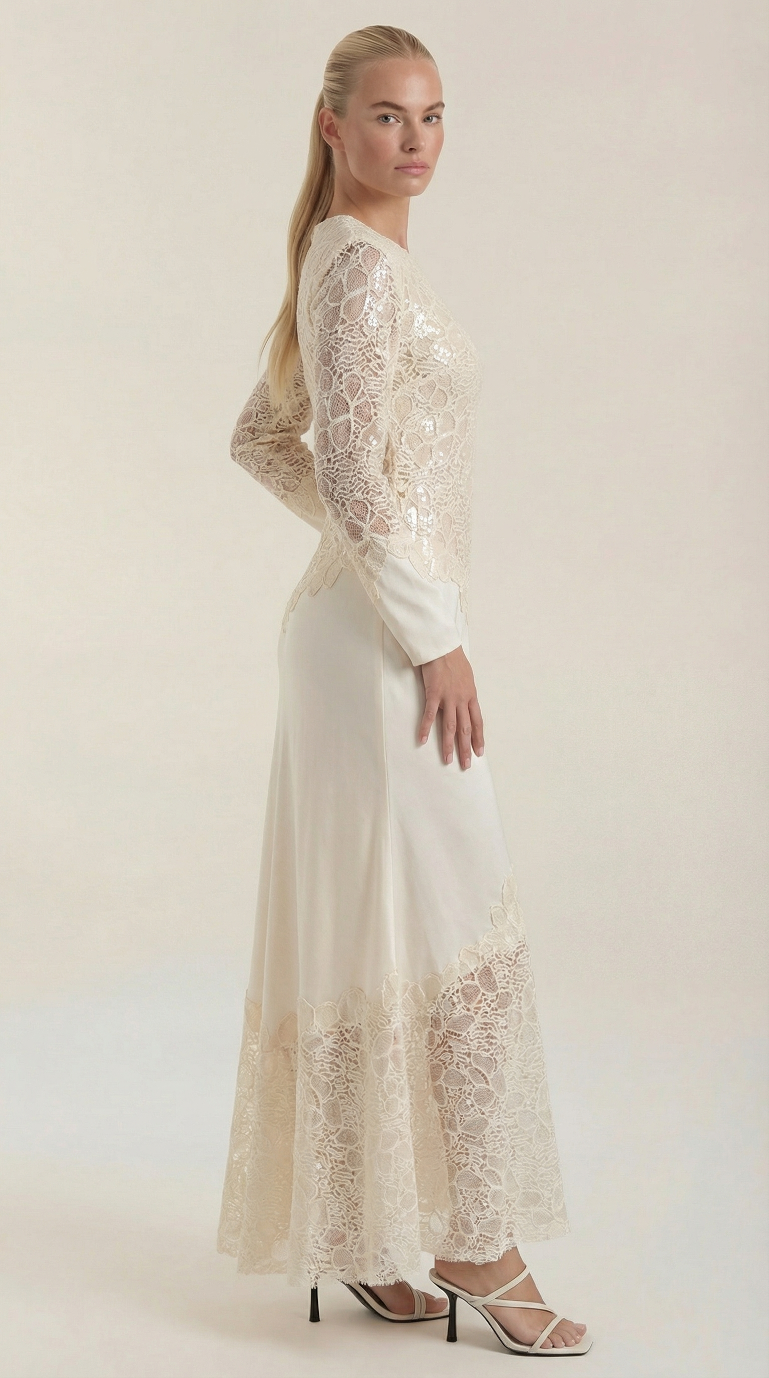Maxikleid Damen mit Pailletten-Besatz und Spitzenrock – Blandine