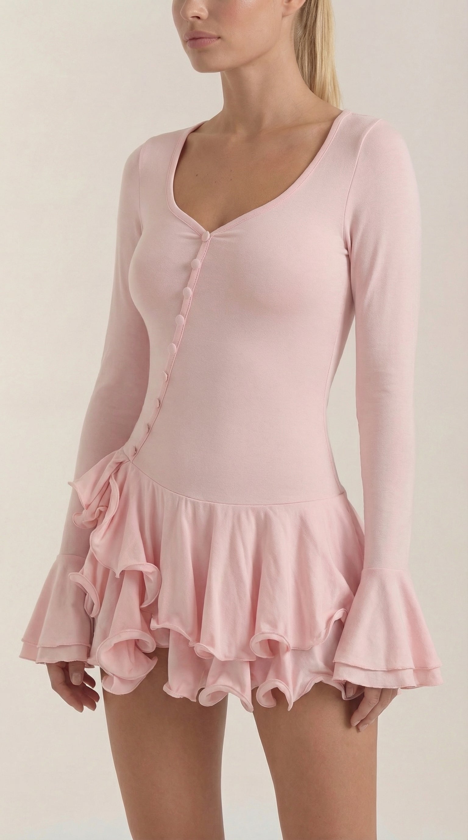 Minikleid Damen mit tiefem V-Ausschnitt und Rüschendetails – Oriane