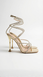Sandaletten Damen mit Strass-Wickelriemen und goldenem Stilettoabsatz – Apollonia