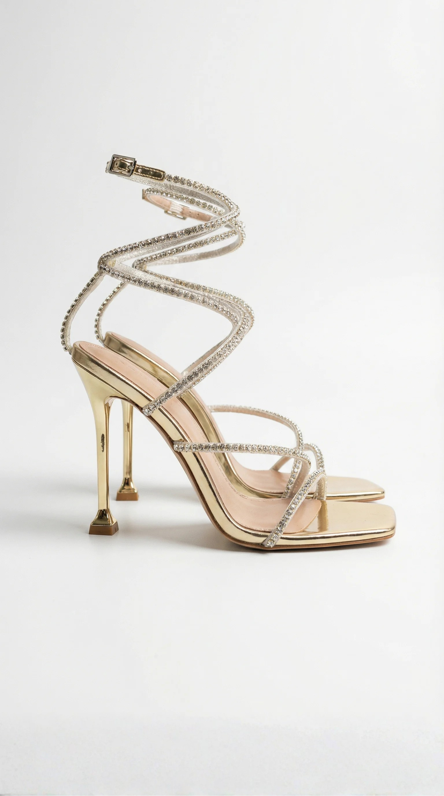 Sandaletten Damen mit Strass-Wickelriemen und goldenem Stilettoabsatz – Apollonia