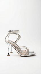 Sandaletten Damen mit Strass-Wickelriemen und goldenem Stilettoabsatz – Apollonia