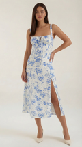 Midikleid Damen mit Blumen-Print und Schnürdetail am Ausschnitt – Isabeau