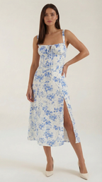 Midikleid Damen mit Blumen-Print und Schnürdetail am Ausschnitt – Isabeau