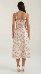 Midikleid Damen mit Blumen-Print und Schnürdetail am Ausschnitt – Isabeau