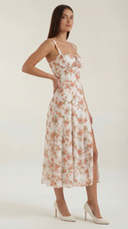 Midikleid Damen mit Blumen-Print und Schnürdetail am Ausschnitt – Isabeau