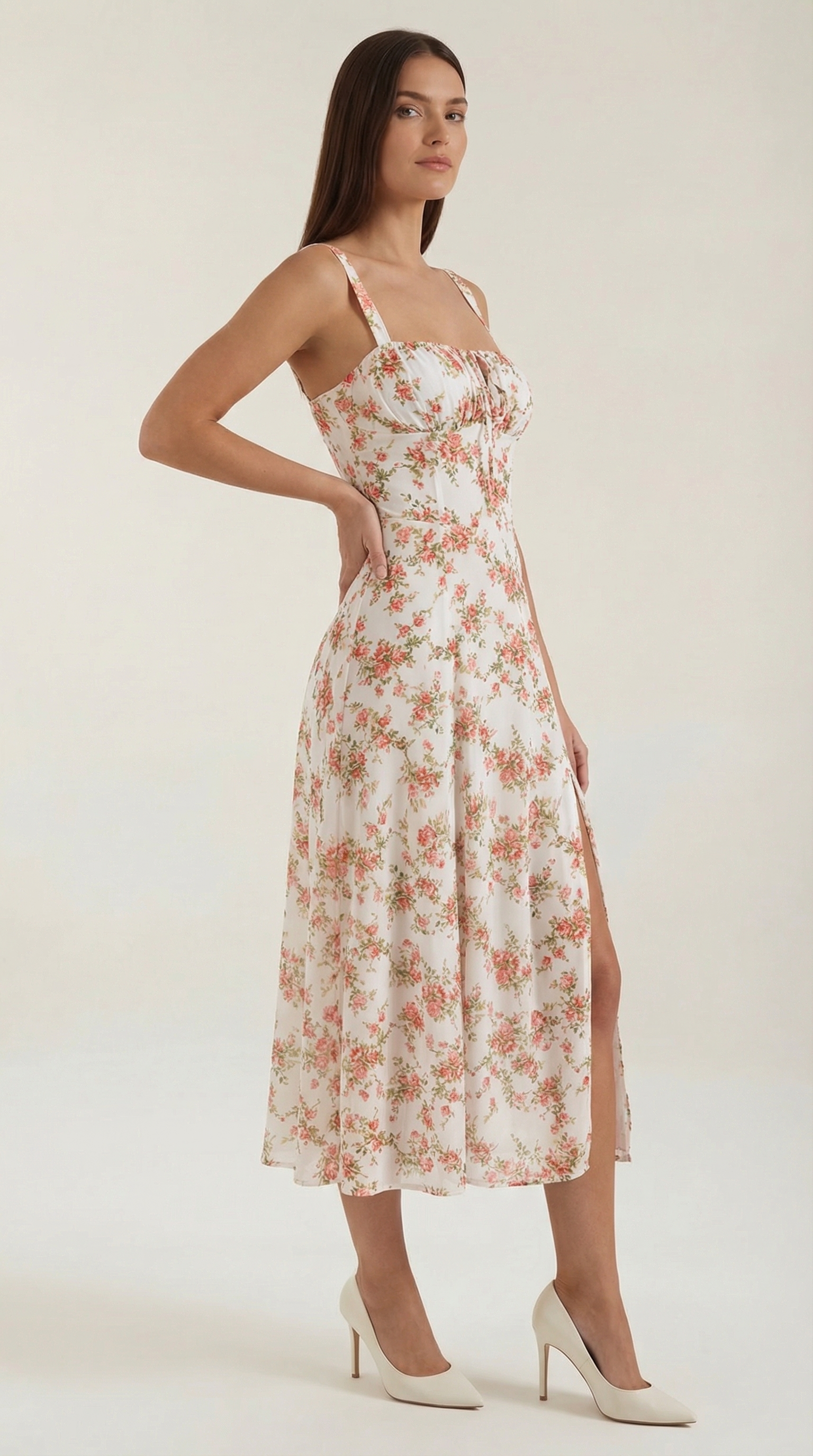 Midikleid Damen mit Blumen-Print und Schnürdetail am Ausschnitt – Isabeau