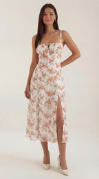 Midikleid Damen mit Blumen-Print und Schnürdetail am Ausschnitt – Isabeau
