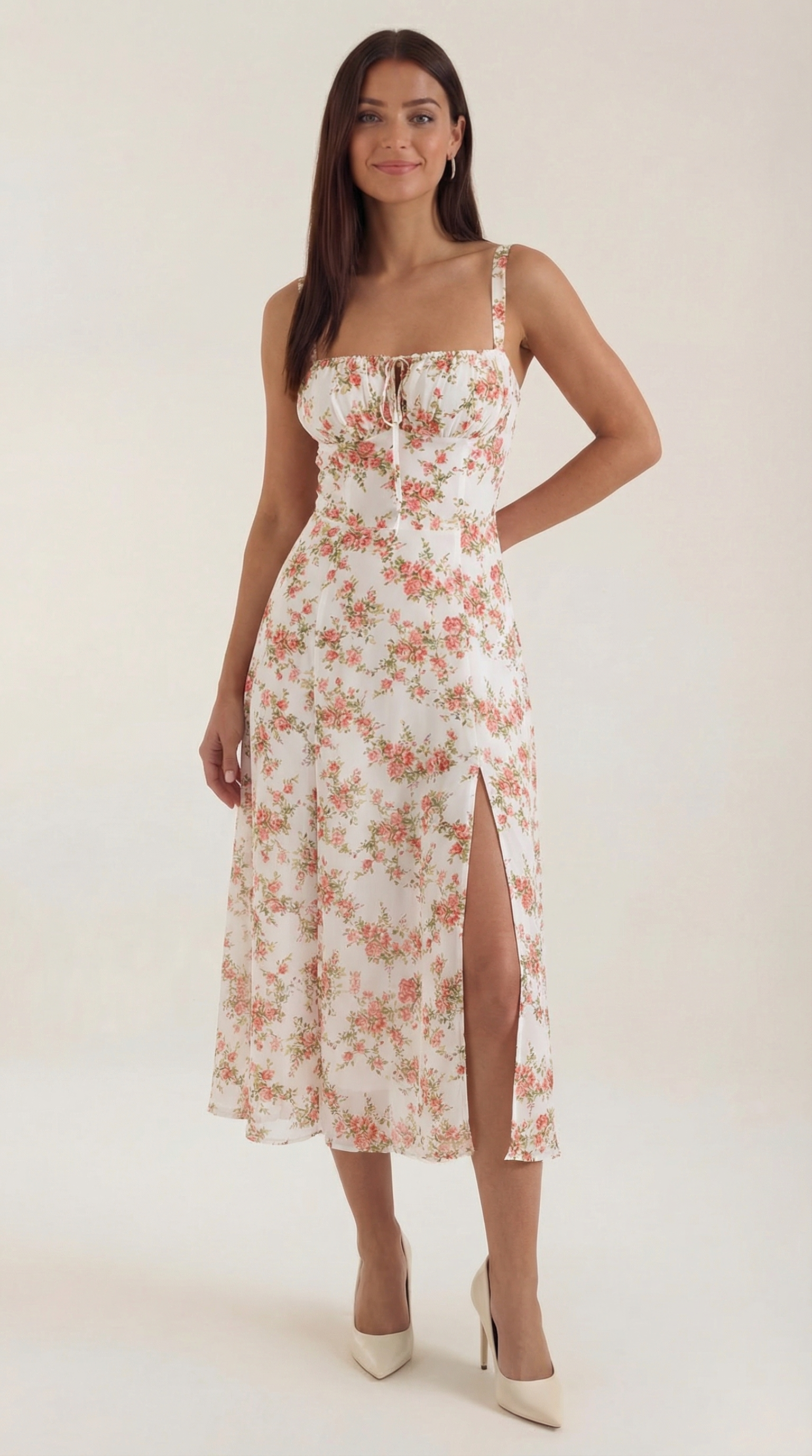 Midikleid Damen mit Blumen-Print und Schnürdetail am Ausschnitt – Isabeau
