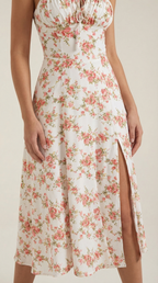Midikleid Damen mit Blumen-Print und Schnürdetail am Ausschnitt – Isabeau