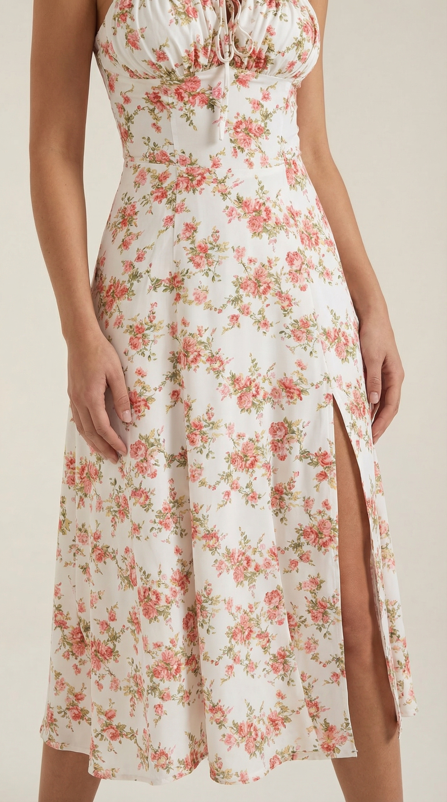 Midikleid Damen mit Blumen-Print und Schnürdetail am Ausschnitt – Isabeau