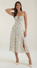 Midikleid Damen mit Blumen-Print und Schnürdetail am Ausschnitt – Isabeau