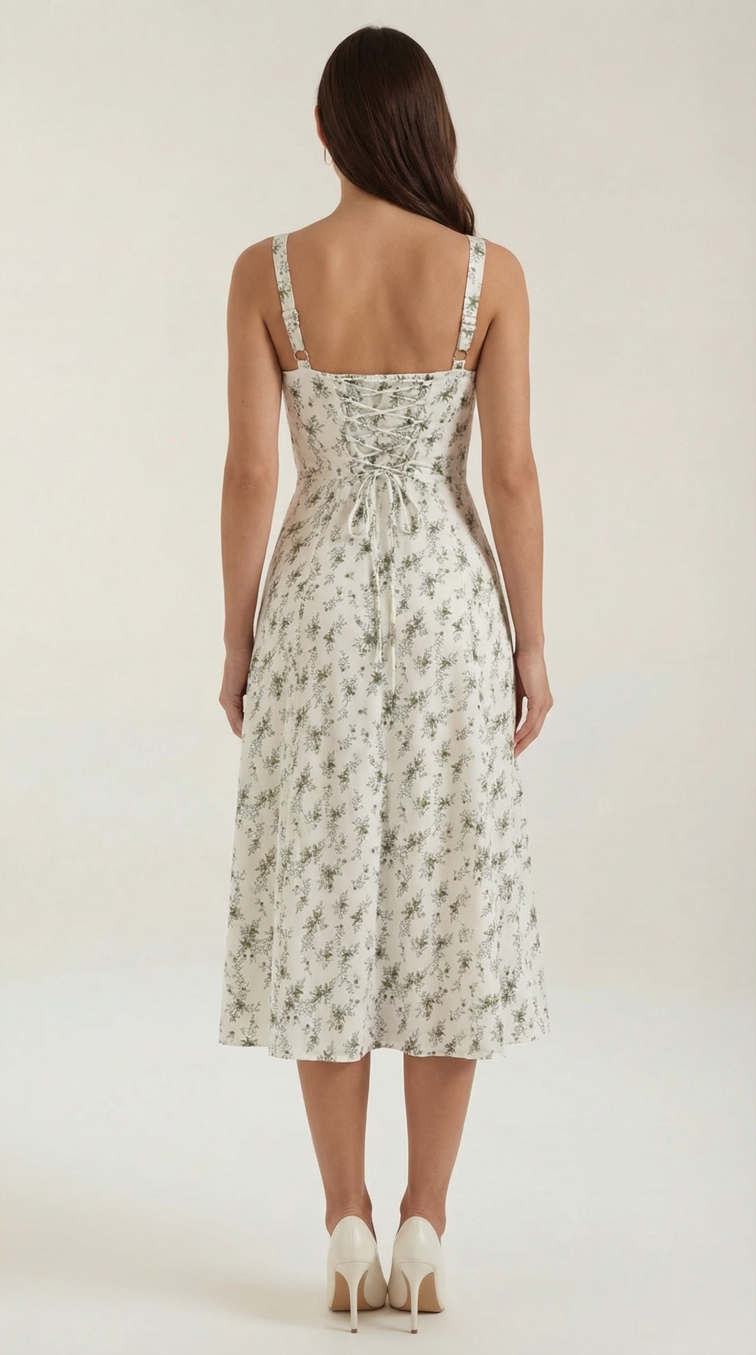 Midikleid Damen mit Blumen-Print und Schnürdetail am Ausschnitt – Isabeau