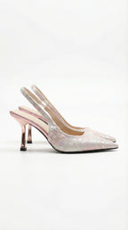 Slingback-Pumps Damen mit Metallic-Jacquard und sculptoralem Silberabsatz – Sylvaine