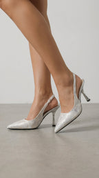 Slingback-Pumps Damen mit Metallic-Jacquard und sculptoralem Silberabsatz – Sylvaine