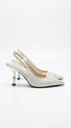 Slingback-Pumps Damen mit Metallic-Jacquard und sculptoralem Silberabsatz – Sylvaine