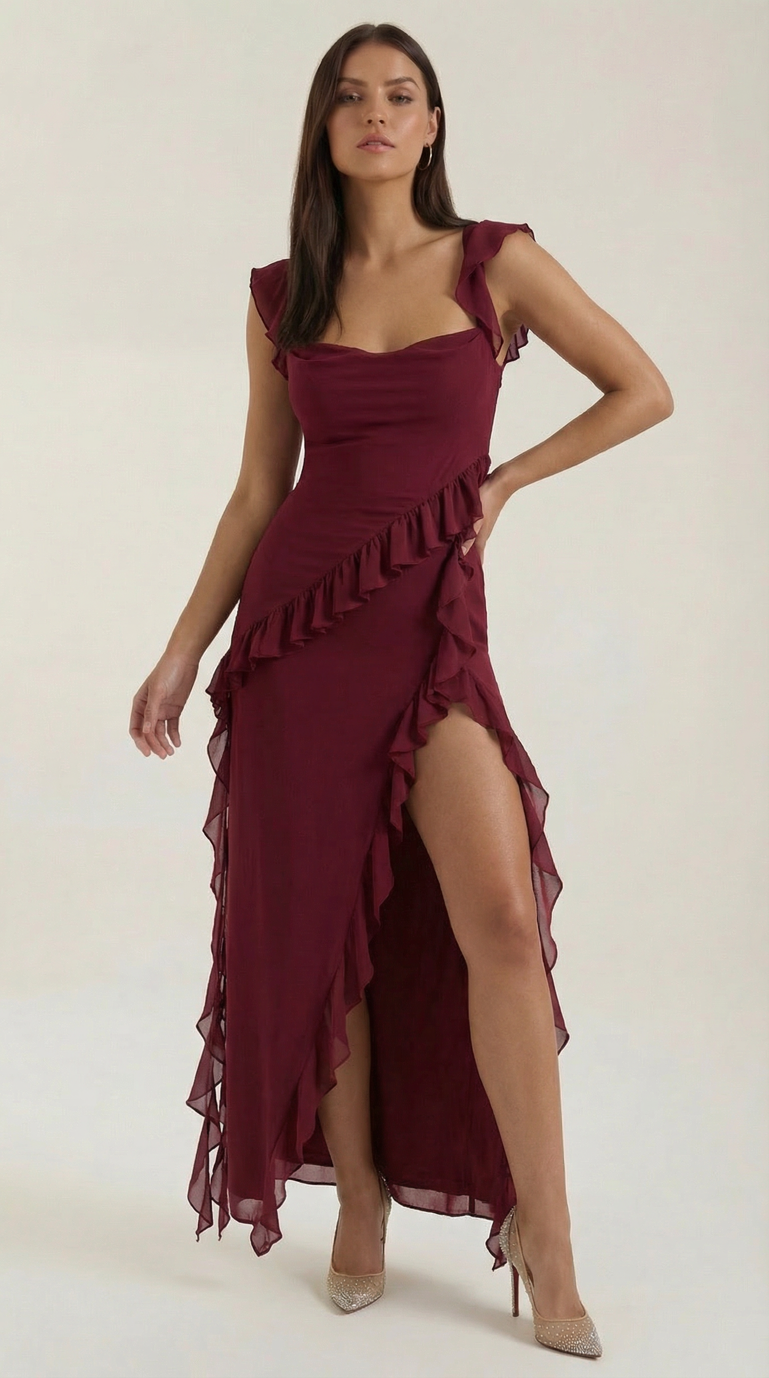 Abendkleid Damen mit Rüschenkaskade und Beinschlitz – Valentina
