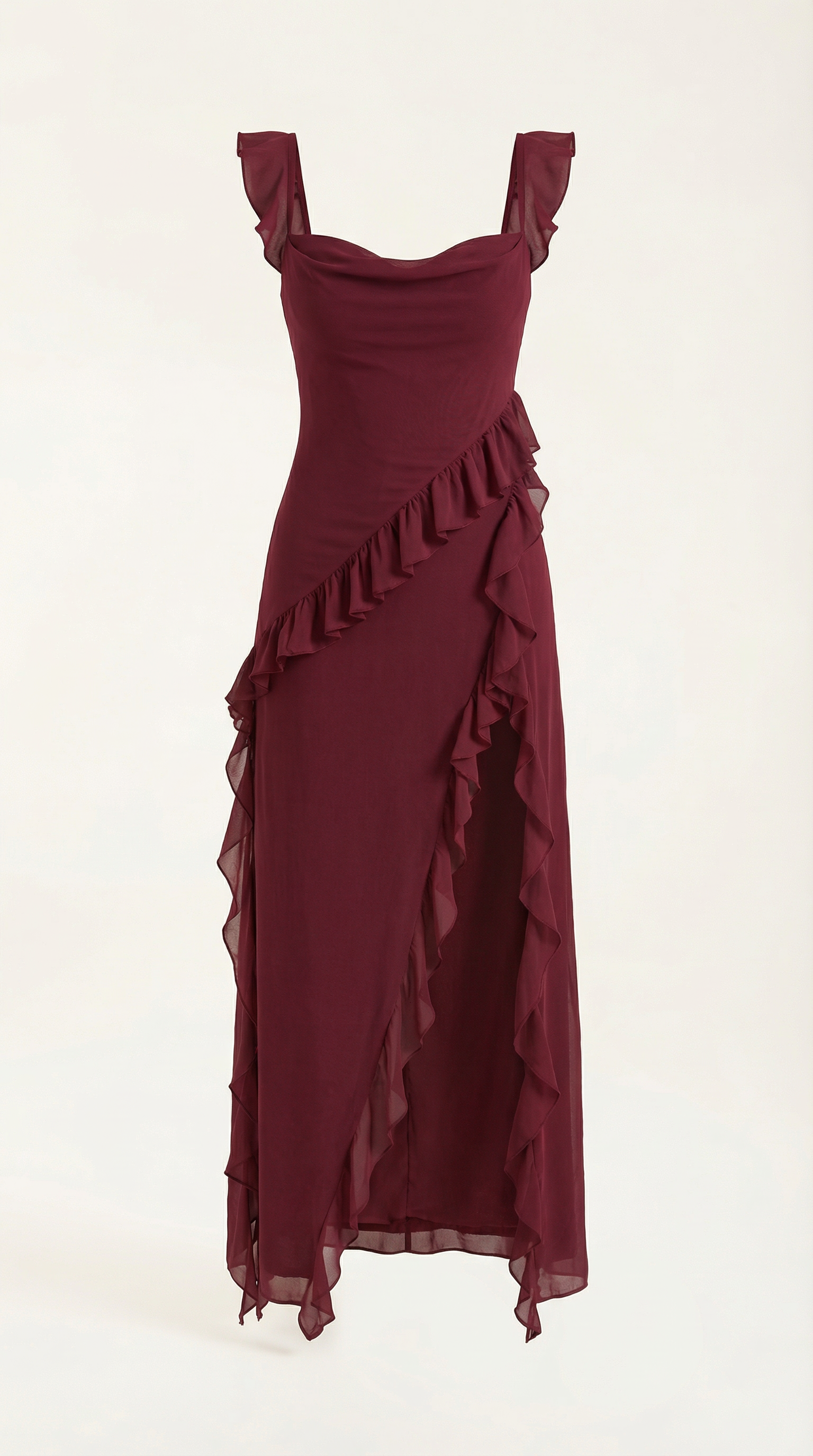 Abendkleid Damen mit Rüschenkaskade und Beinschlitz – Valentina