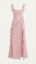 Abendkleid Damen mit Rüschenkaskade und Beinschlitz – Valentina