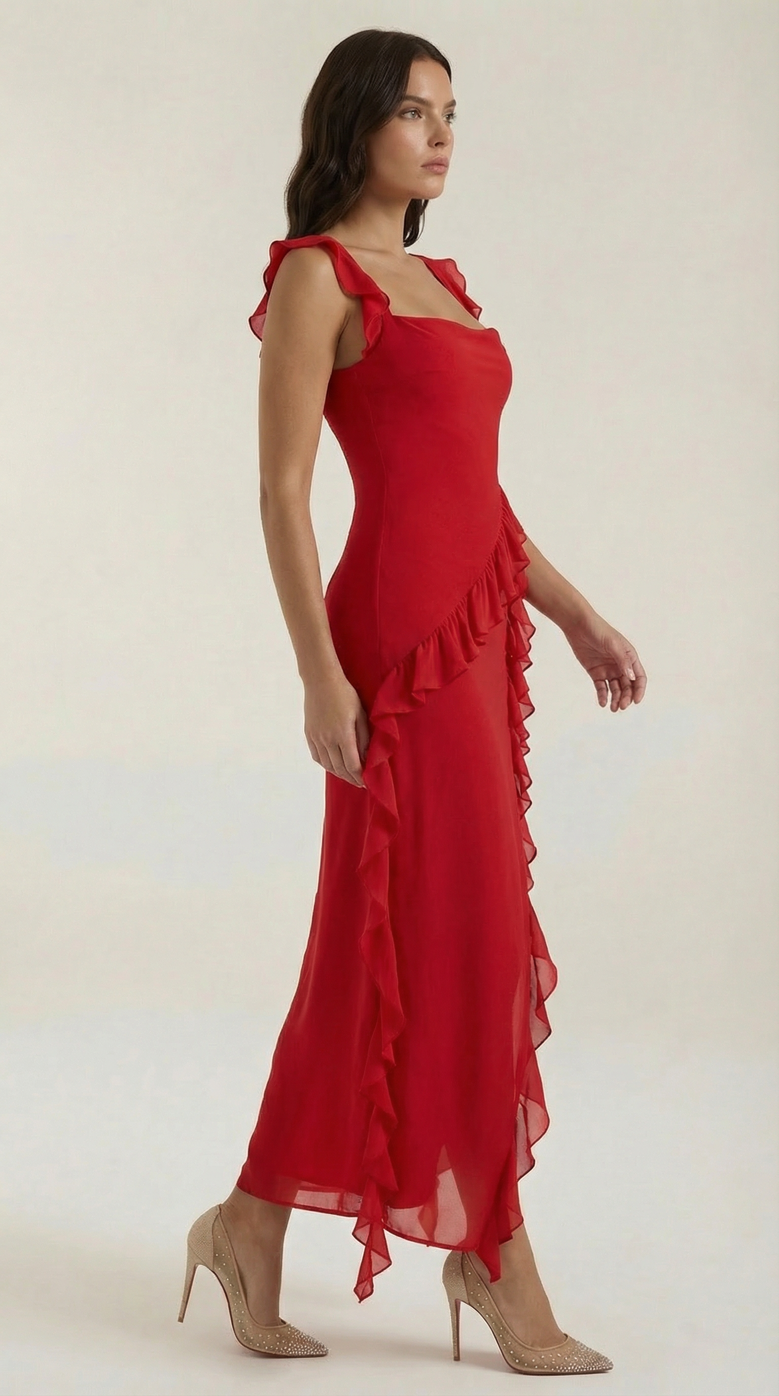 Abendkleid Damen mit Rüschenkaskade und Beinschlitz – Valentina
