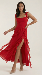 Abendkleid Damen mit Rüschenkaskade und Beinschlitz – Valentina
