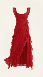 Abendkleid Damen mit Rüschenkaskade und Beinschlitz – Valentina