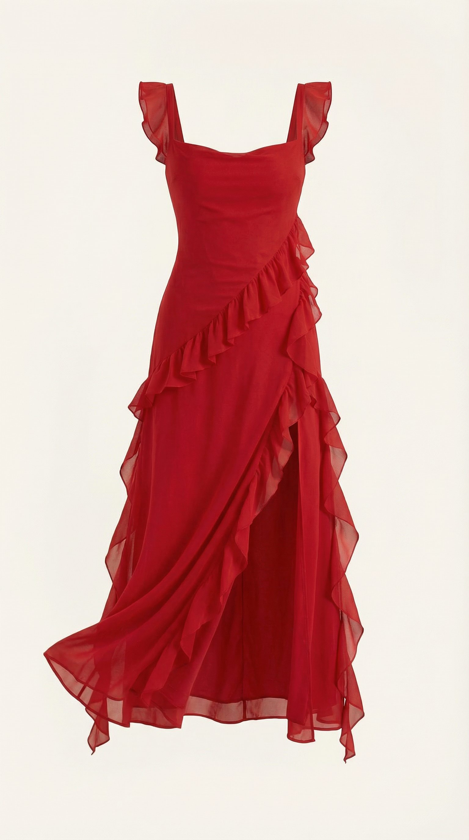 Abendkleid Damen mit Rüschenkaskade und Beinschlitz – Valentina