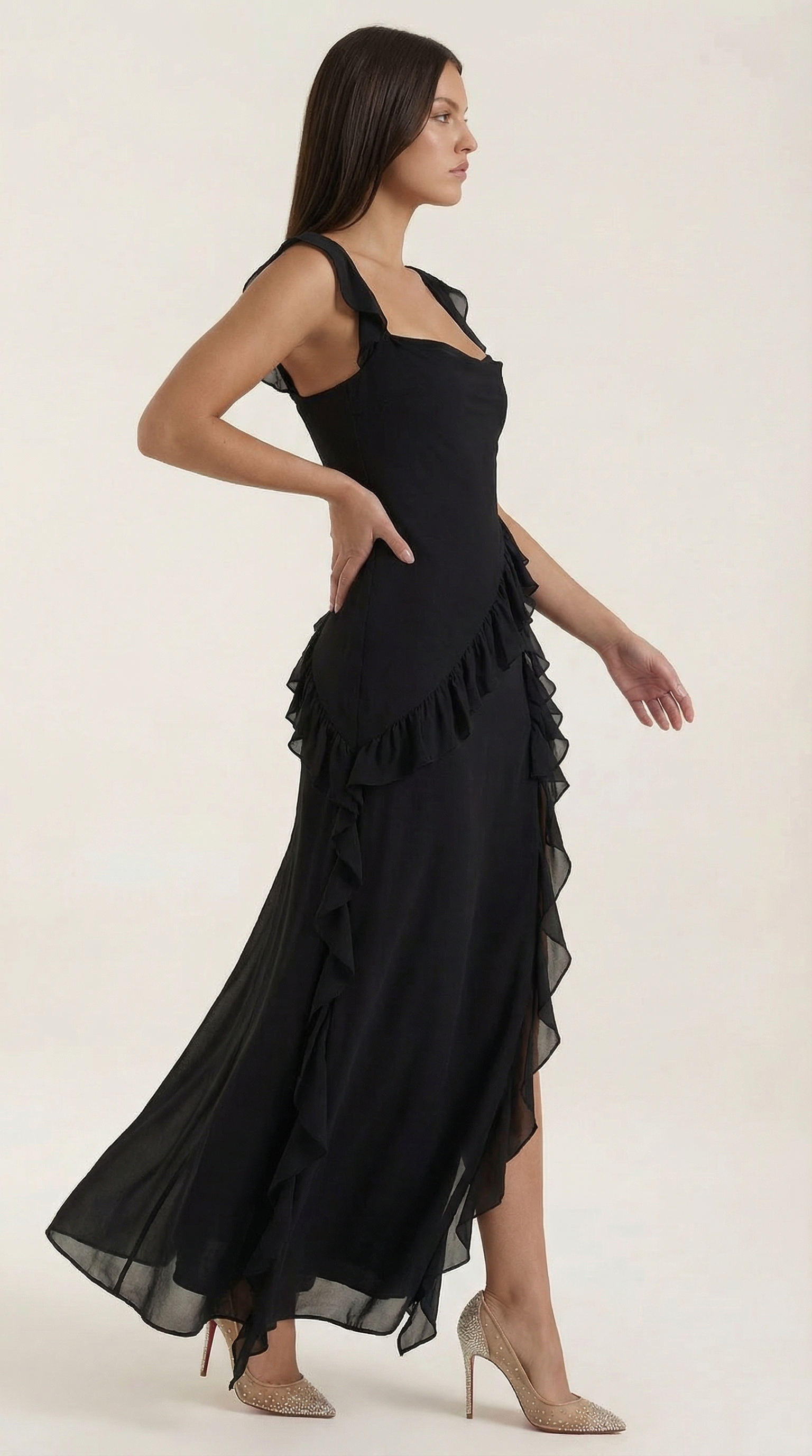 Abendkleid Damen mit Rüschenkaskade und Beinschlitz – Valentina