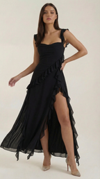 Abendkleid Damen mit Rüschenkaskade und Beinschlitz – Valentina