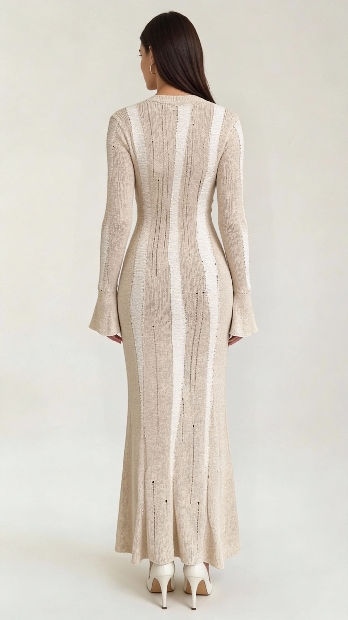 Maxikleid Damen mit offener Strickstruktur und vertikalen Kontraststreifen – Séverine