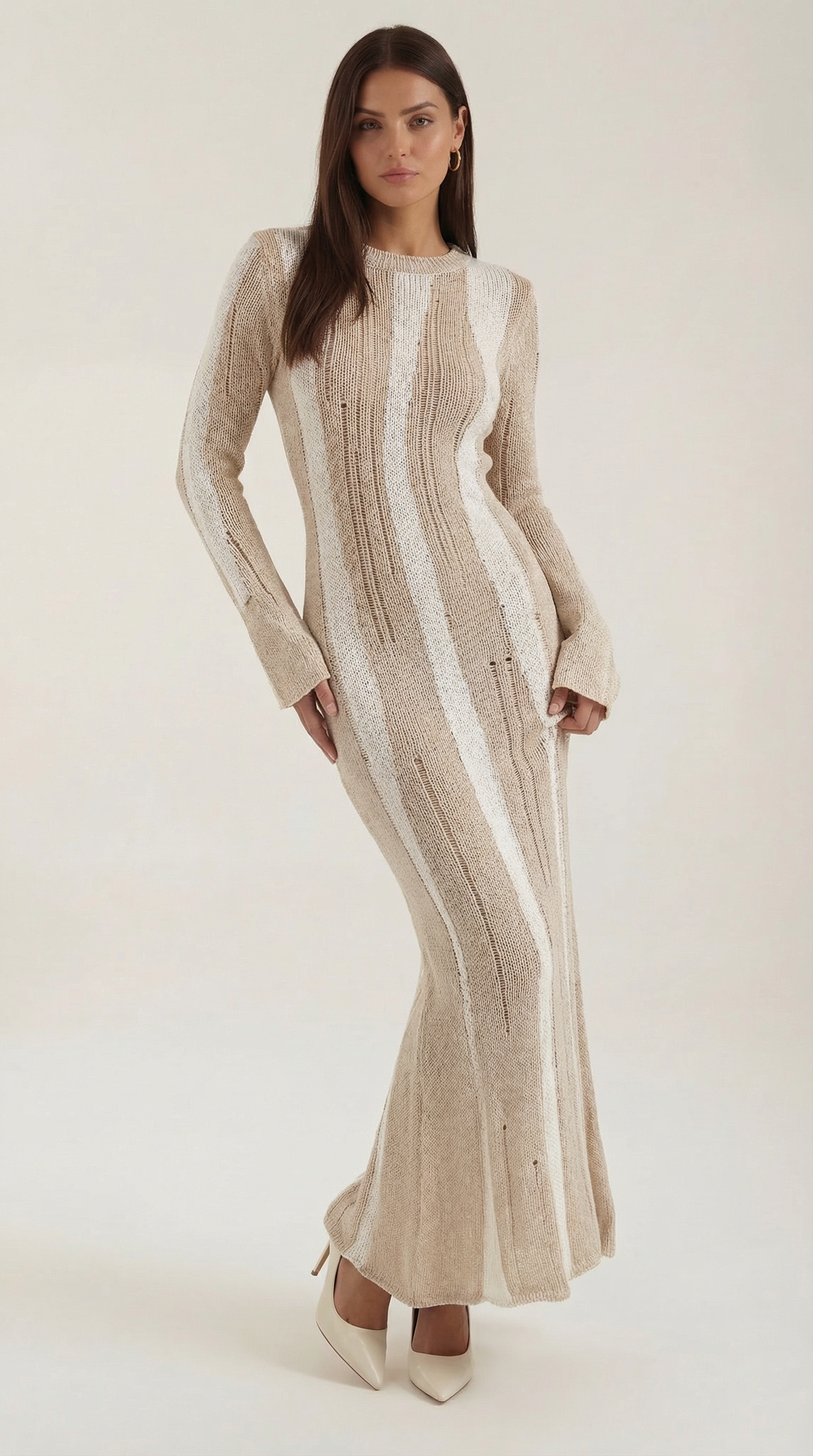 Maxikleid Damen mit offener Strickstruktur und vertikalen Kontraststreifen – Séverine