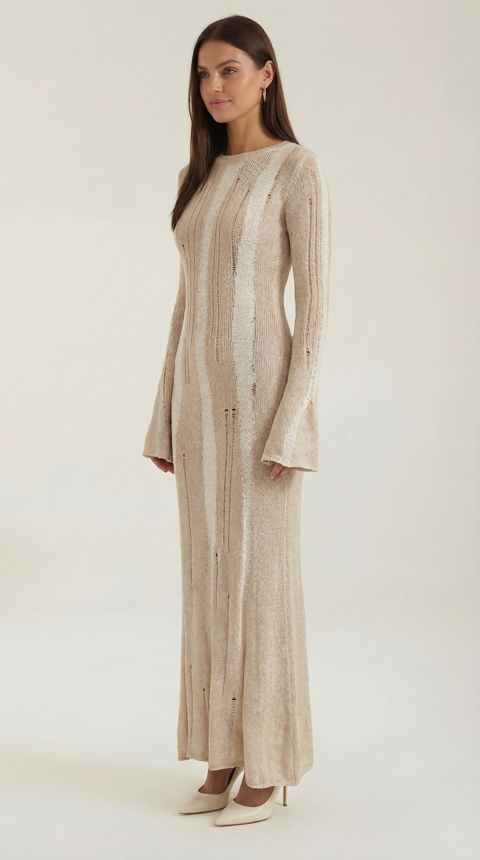 Maxikleid Damen mit offener Strickstruktur und vertikalen Kontraststreifen – Séverine