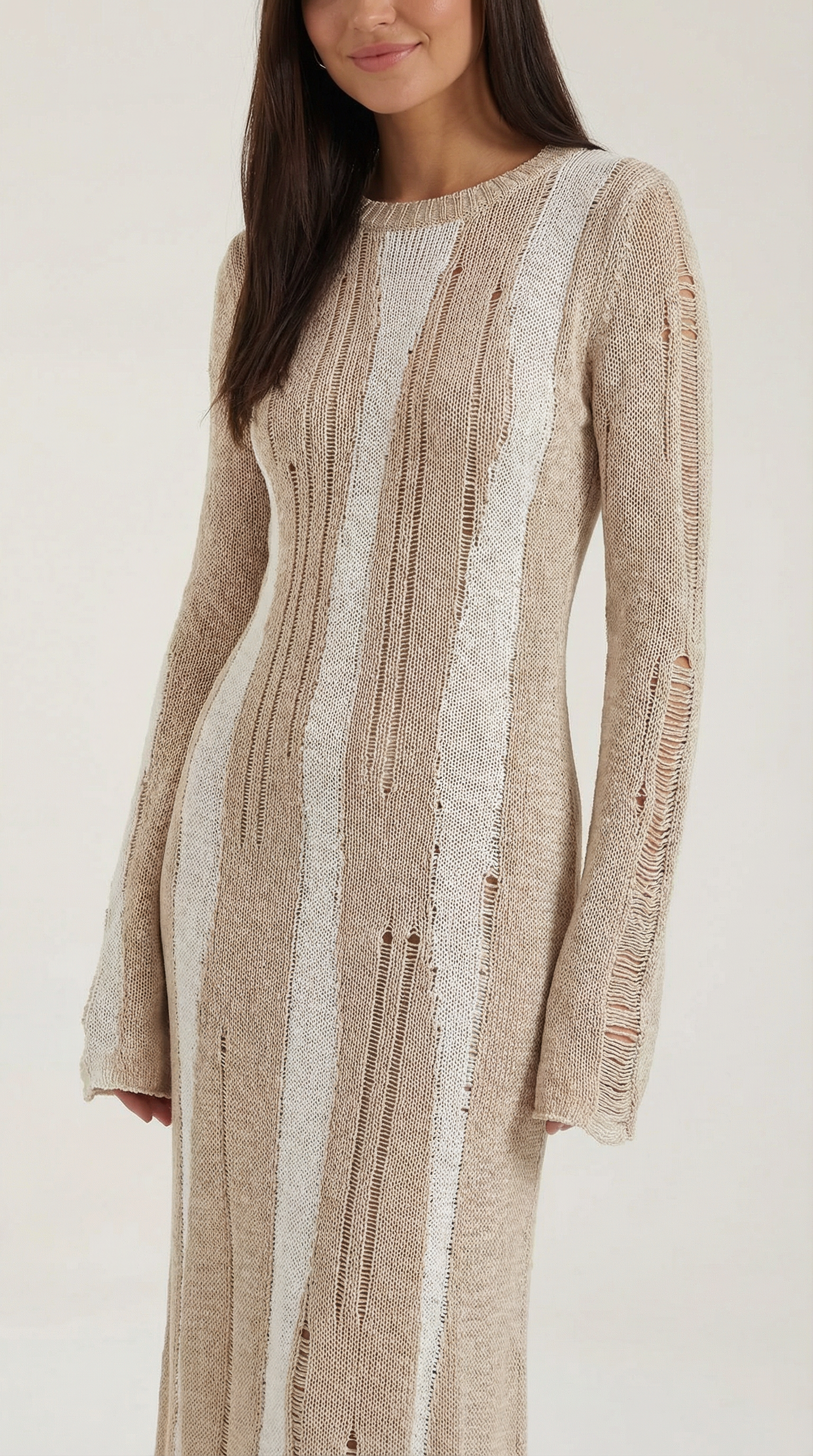 Maxikleid Damen mit offener Strickstruktur und vertikalen Kontraststreifen – Séverine