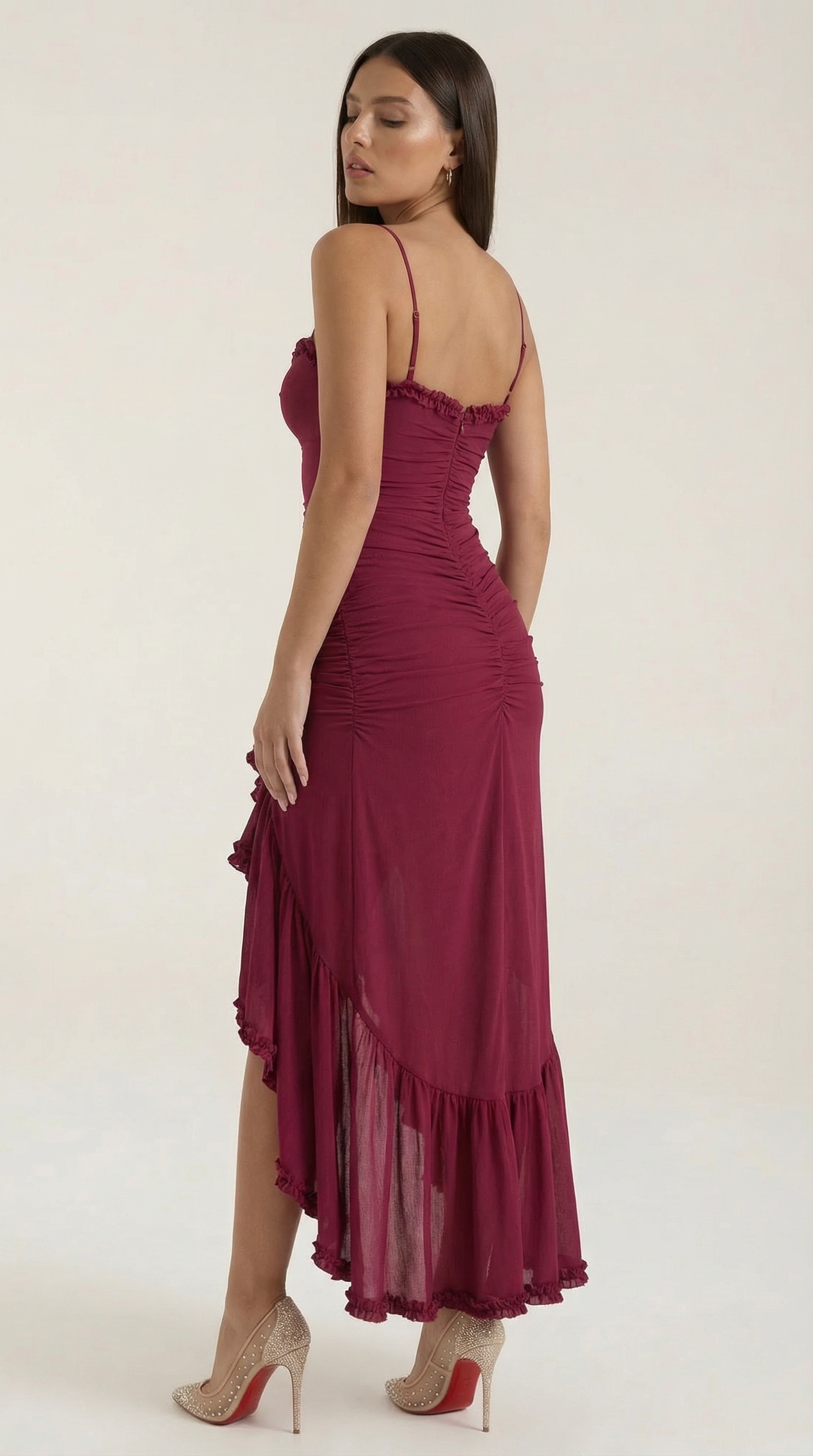 Abendkleid Damen mit Tüll-Rüschen und asymmetrischem Saum – Auréliane